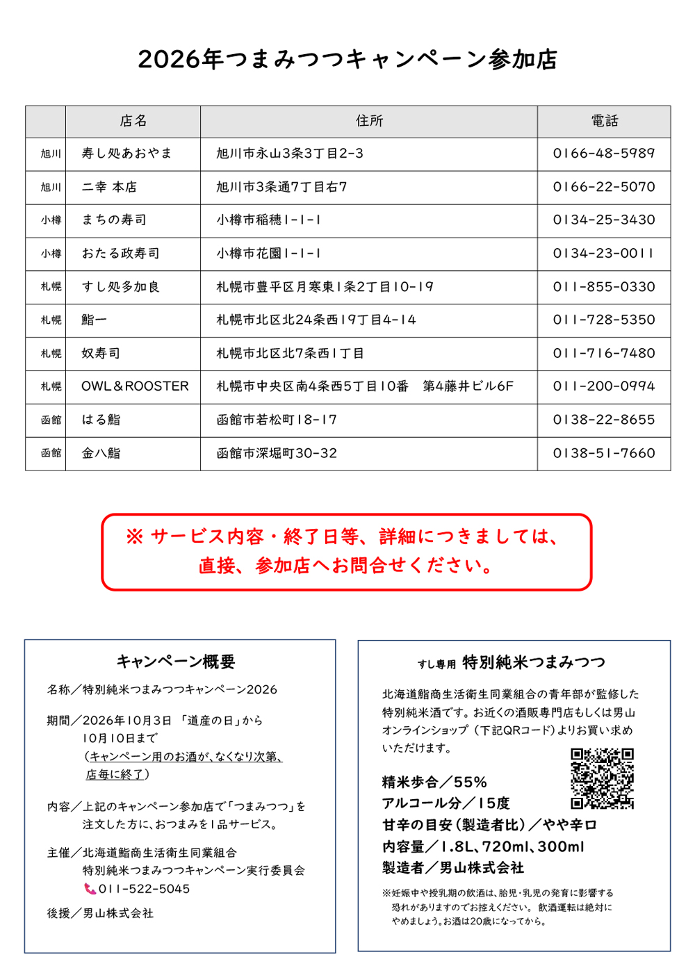 北海道鮨組合青年部 特別純米つまみつつキャンペーン2026 パンフレット裏面